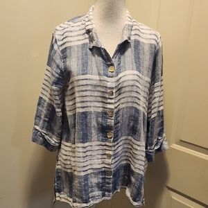 John Mark Navy White Plaid Button Up Shirt Linen Medium